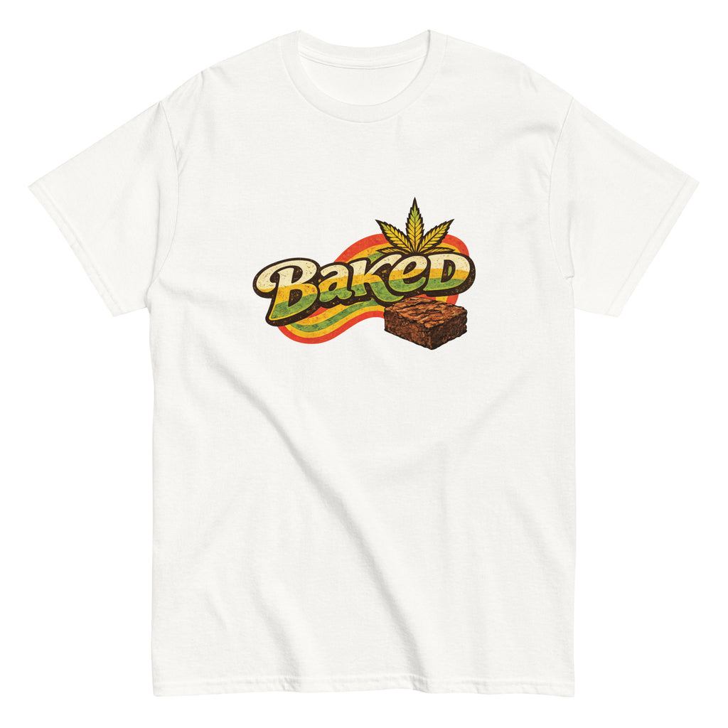 Baked cannabis-inspired graphic tee featuring a marijuana brownie and bold 420 streetwear artwork