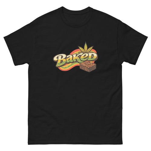 Baked cannabis-inspired graphic tee featuring a marijuana brownie and bold 420 streetwear artwork