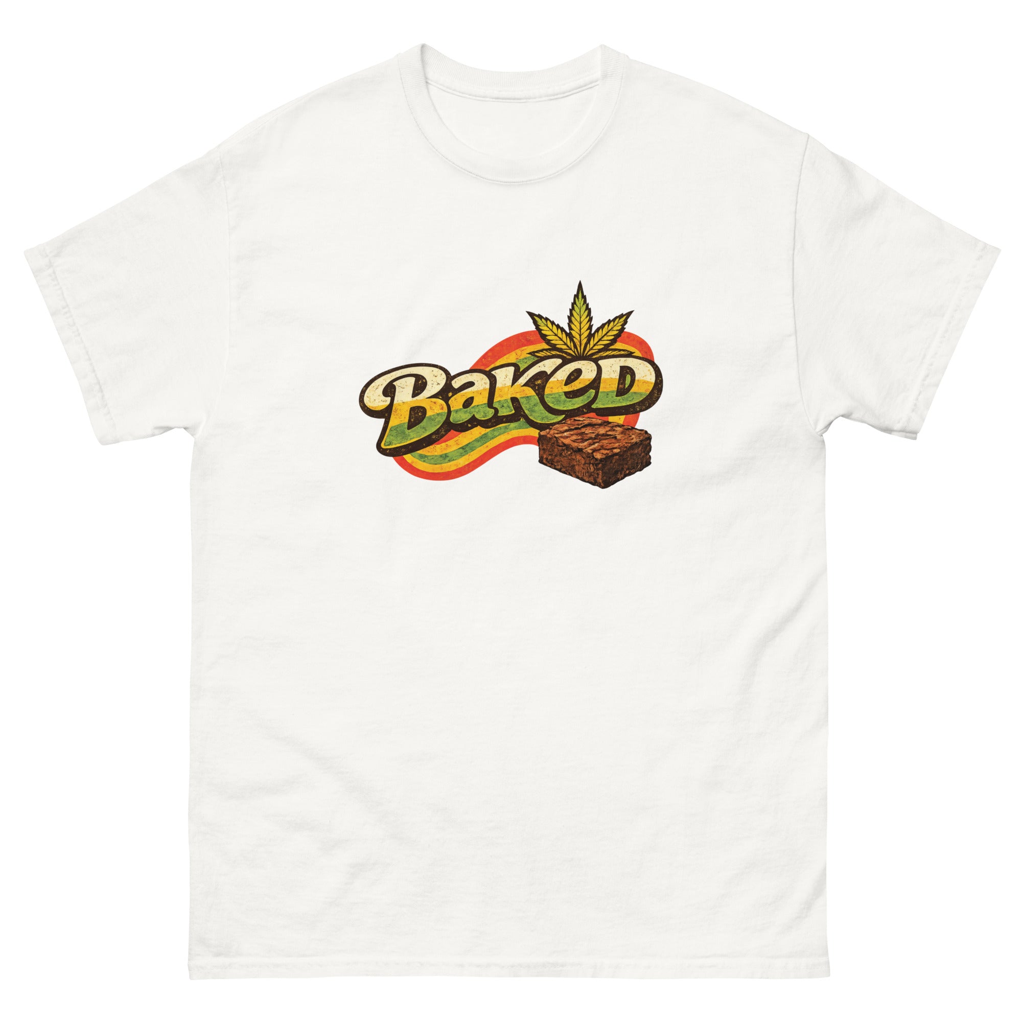 Baked cannabis-inspired graphic tee featuring a marijuana brownie and bold 420 streetwear artwork