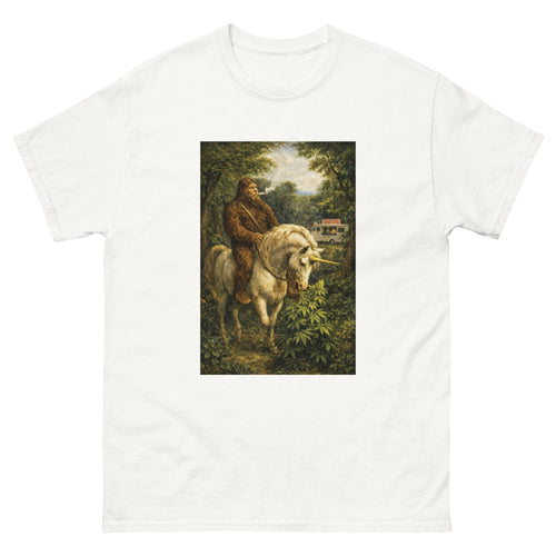 Bigfoot riding a unicorn and smoking a joint beside a taco truck in bold cannabis-inspired streetwear artwork