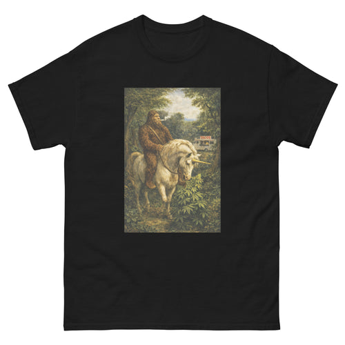 Bigfoot riding a unicorn and smoking a joint beside a taco truck in bold cannabis-inspired streetwear artwork