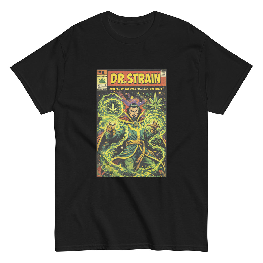 Dr. Strain cannabis-inspired parody graphic tee featuring mystical 420 streetwear artwork