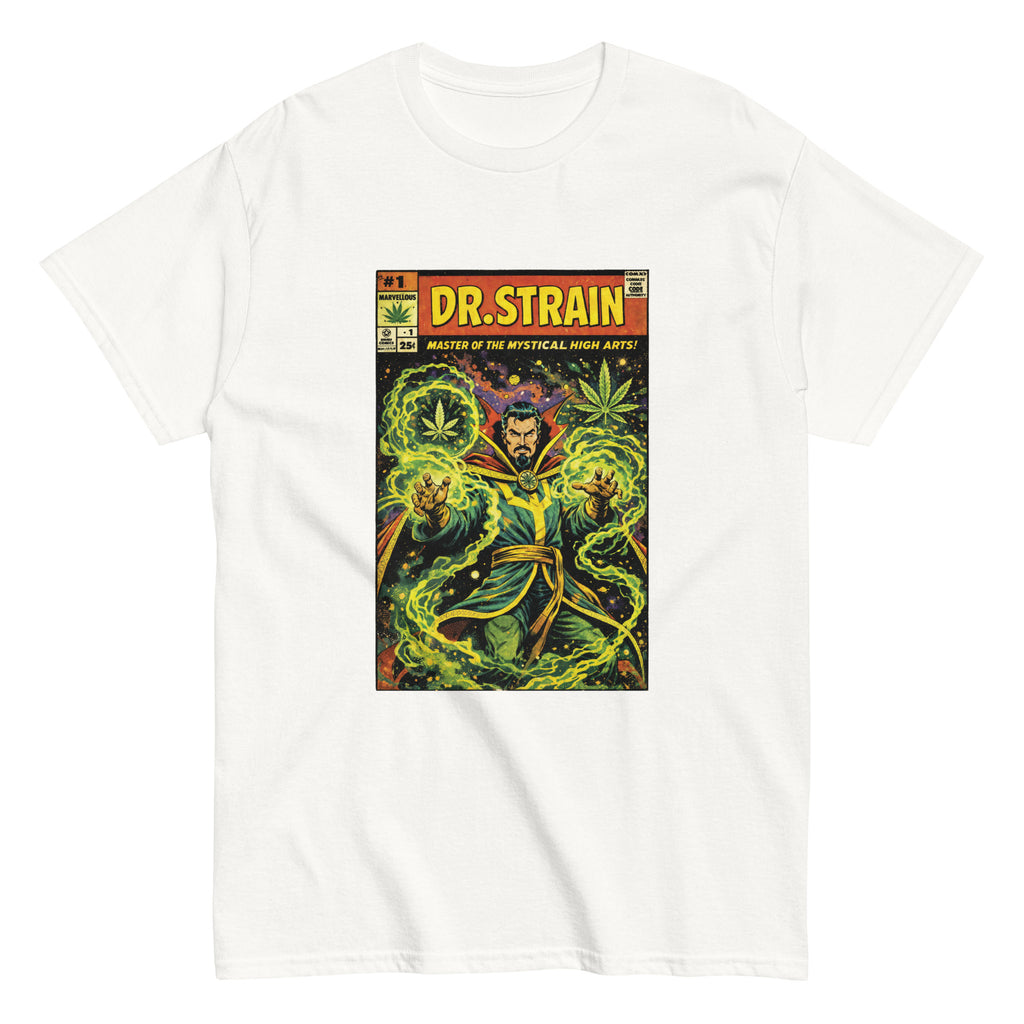 Dr. Strain cannabis-inspired parody graphic tee featuring mystical 420 streetwear artwork