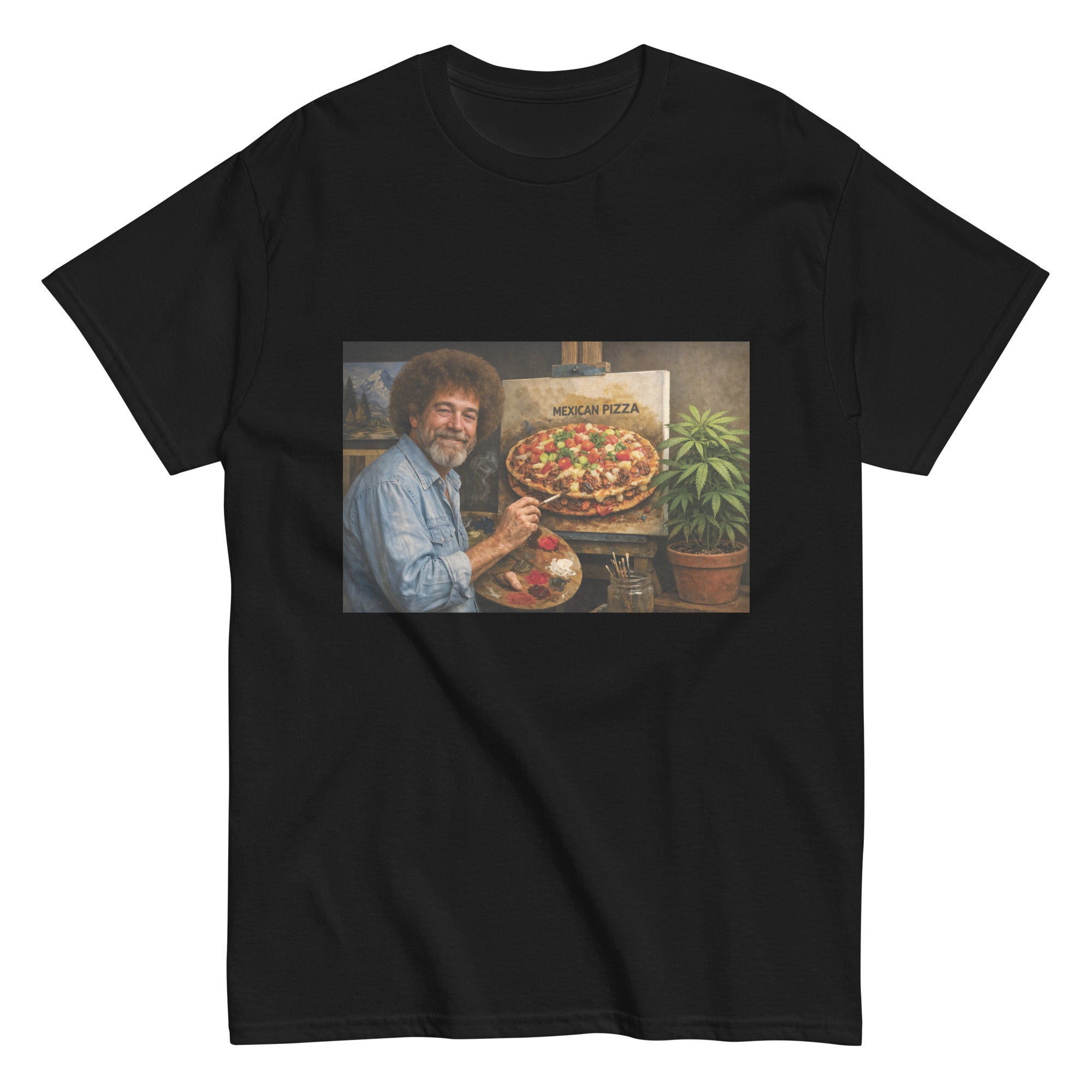 Cannabis-inspired graphic tee featuring a painter creating a Mexican pizza in bold 420 streetwear style