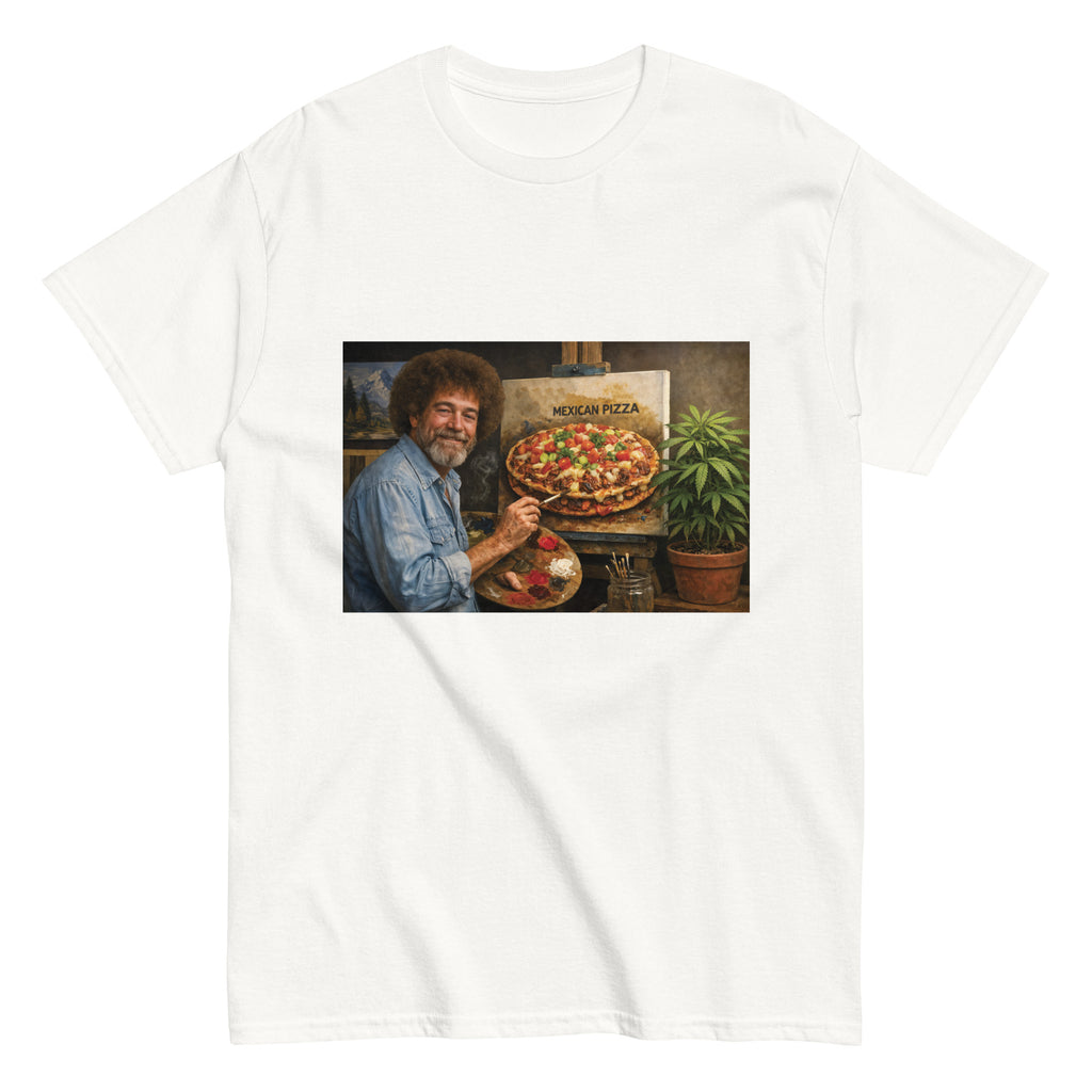 Cannabis-inspired graphic tee featuring a painter creating a Mexican pizza in bold 420 streetwear style