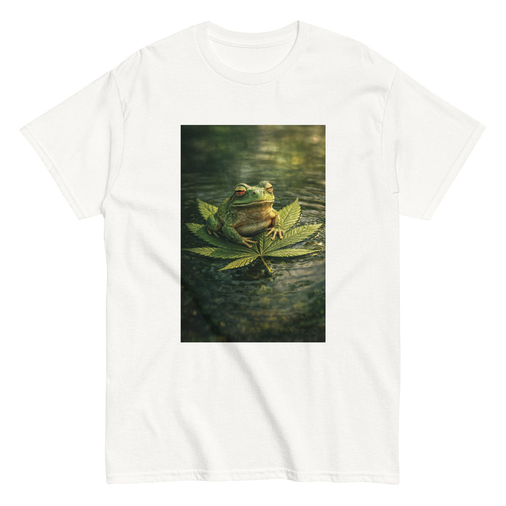 Frog sitting on a marijuana leaf in bold cannabis-inspired 420 streetwear artwork