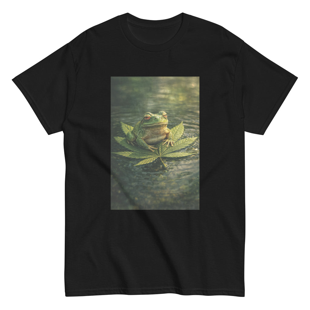 Frog sitting on a marijuana leaf in bold cannabis-inspired 420 streetwear artwork