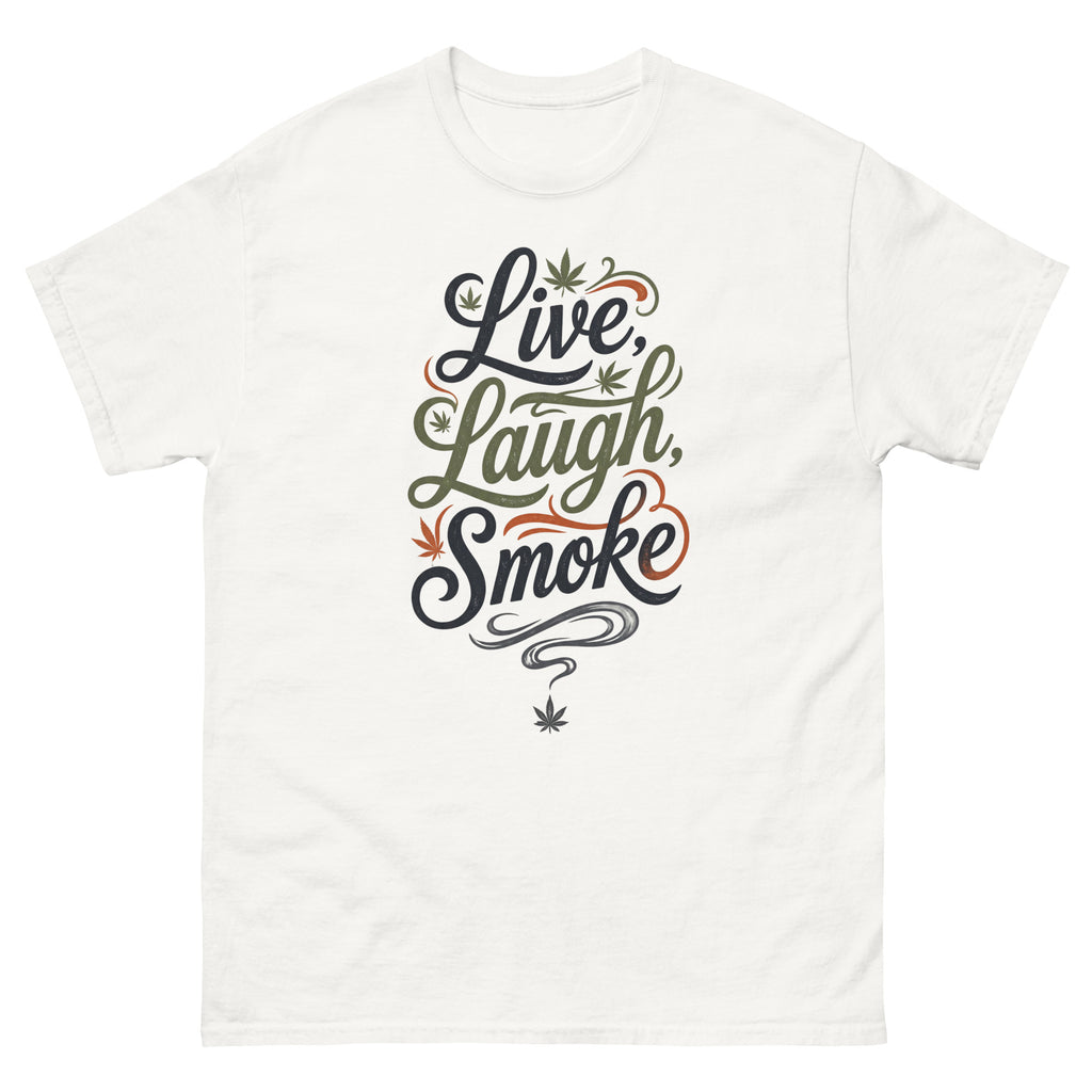 Live, Laugh, Smoke cannabis-inspired graphic tee featuring bold 420 streetwear artwork
