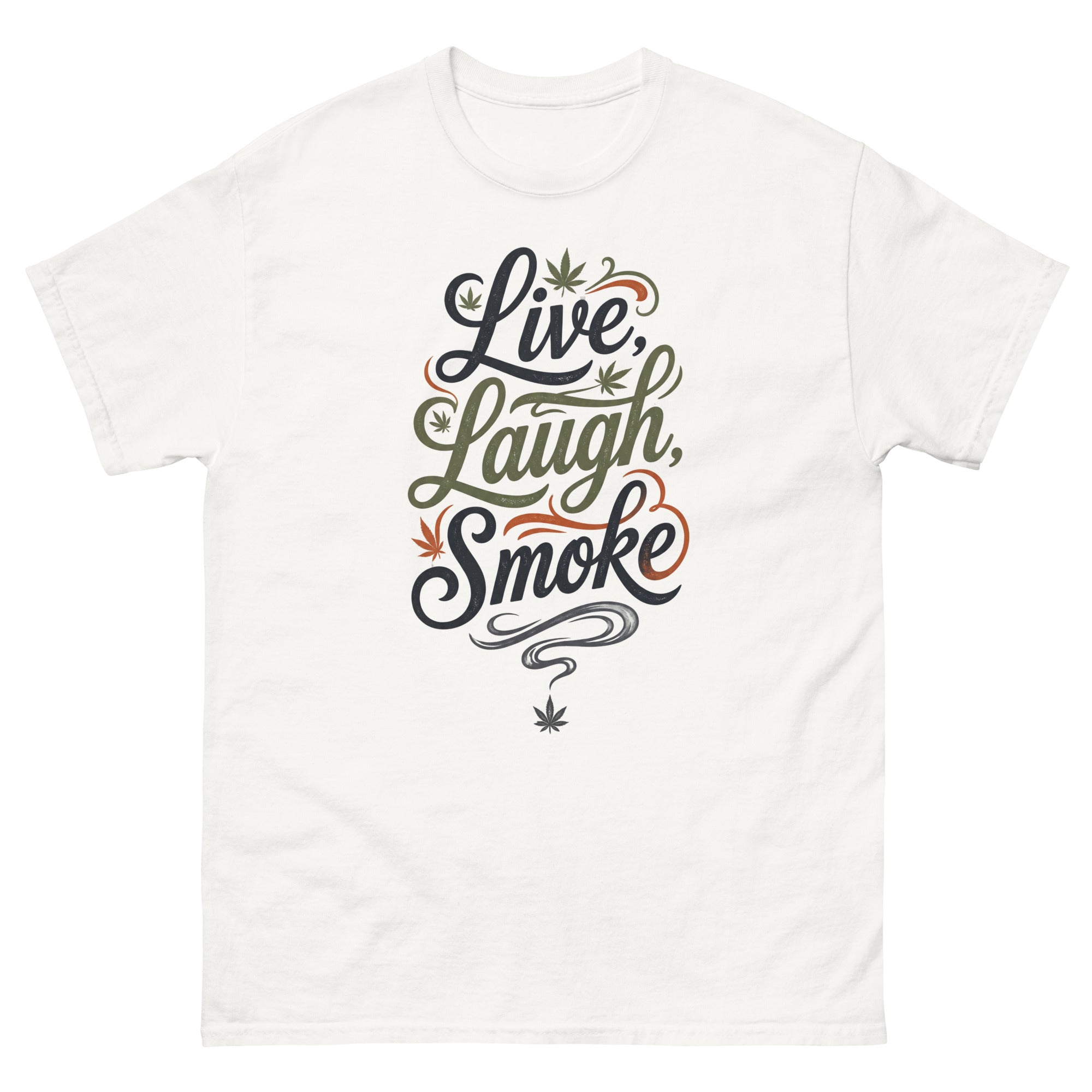 Live, Laugh, Smoke cannabis-inspired graphic tee featuring bold 420 streetwear artwork