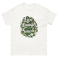 Live, Laugh, Smoke cannabis-inspired graphic tee featuring bold 420 streetwear artwork