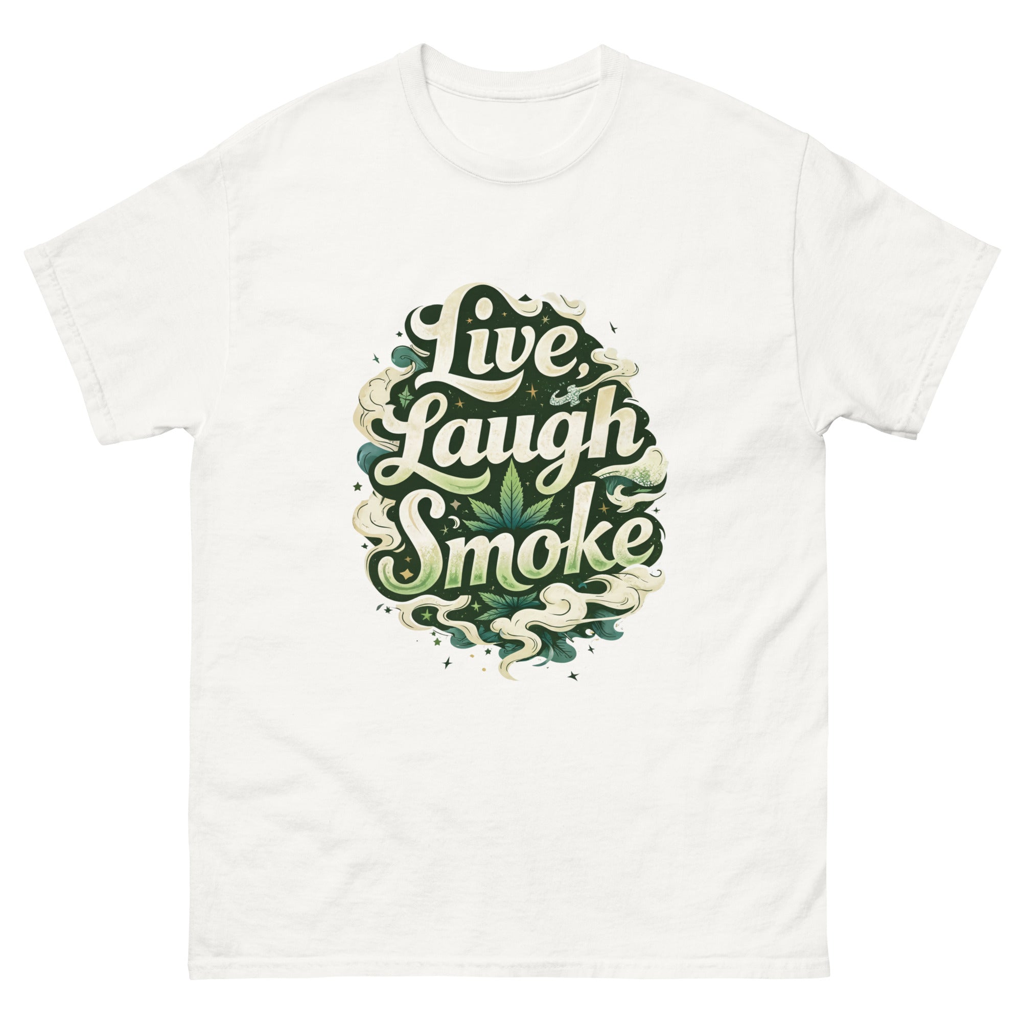 Live, Laugh, Smoke cannabis-inspired graphic tee featuring bold 420 streetwear artwork