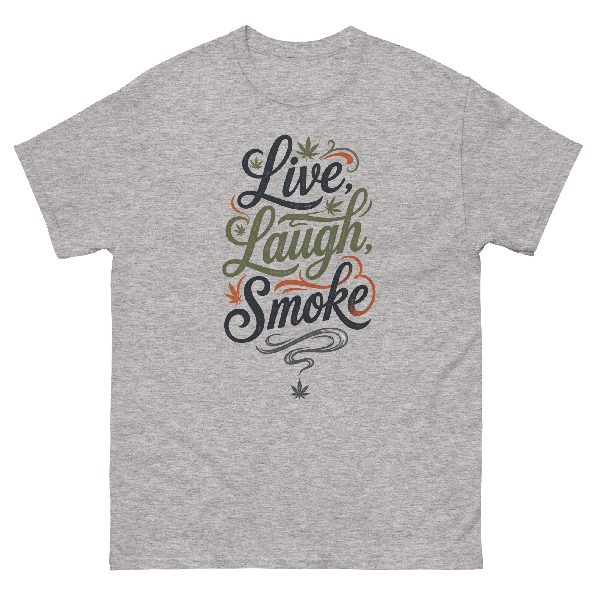 Live, Laugh, Smoke cannabis-inspired graphic tee featuring bold 420 streetwear artwork
