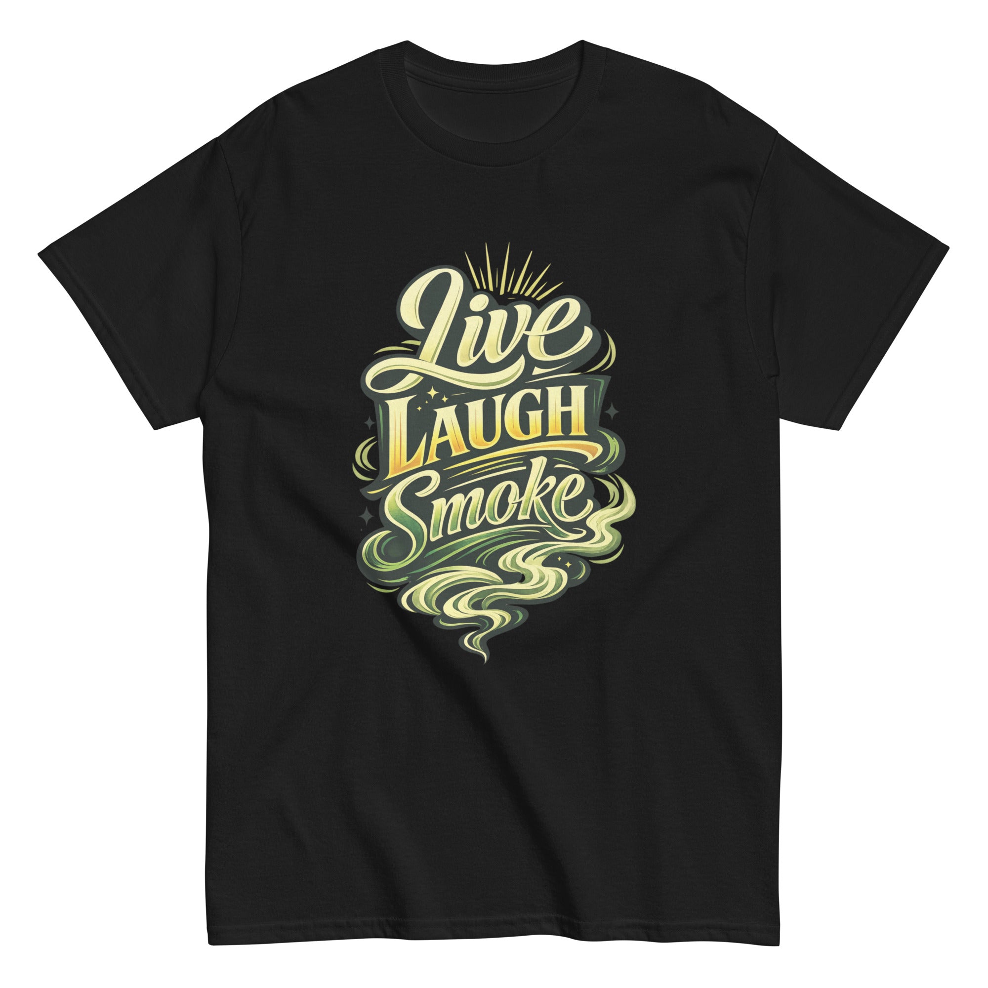 Live, Laugh, Smoke cannabis-inspired graphic tee featuring bold 420 streetwear design