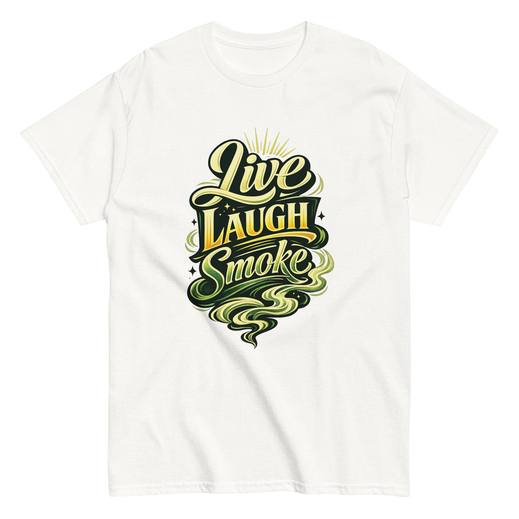 Live, Laugh, Smoke cannabis-inspired graphic tee featuring bold 420 streetwear design
