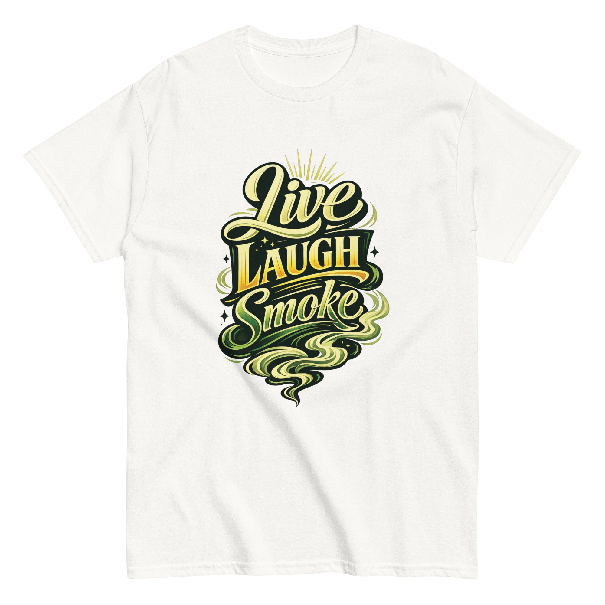 Live, Laugh, Smoke cannabis-inspired graphic tee featuring bold 420 streetwear design