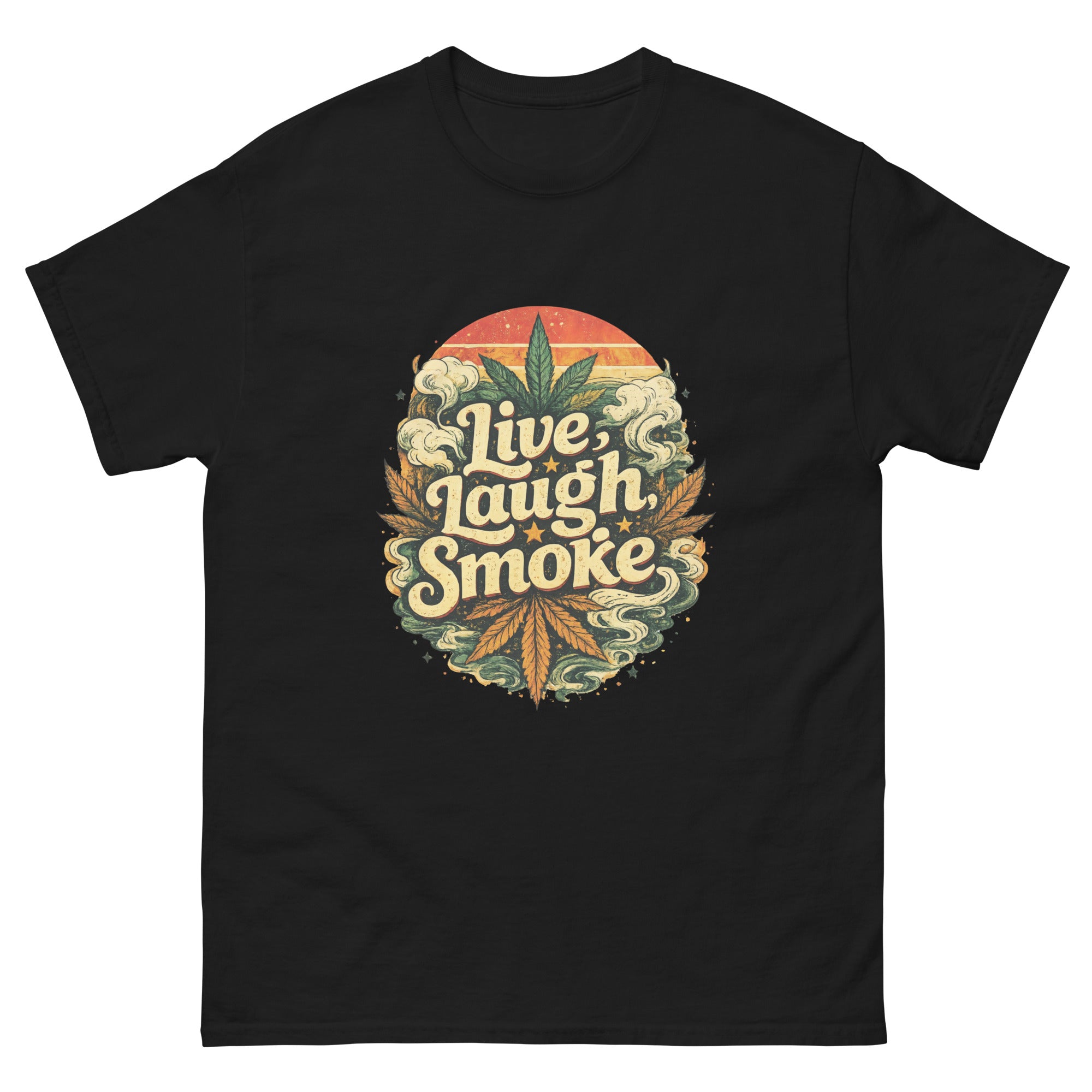 Live, Laugh, Smoke cannabis-inspired graphic tee featuring bold 420 streetwear artwork