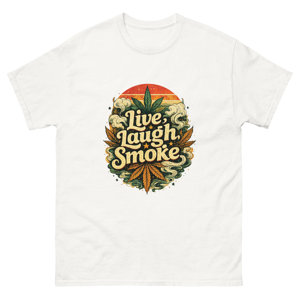 Live, Laugh, Smoke cannabis-inspired graphic tee featuring bold 420 streetwear artwork