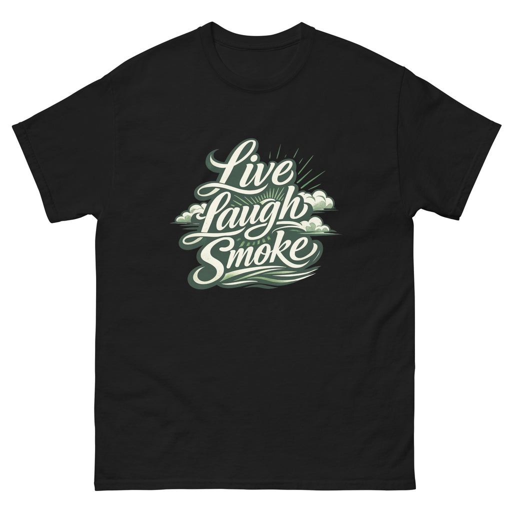 Live, Laugh, Smoke cannabis-inspired graphic tee featuring bold 420 streetwear design