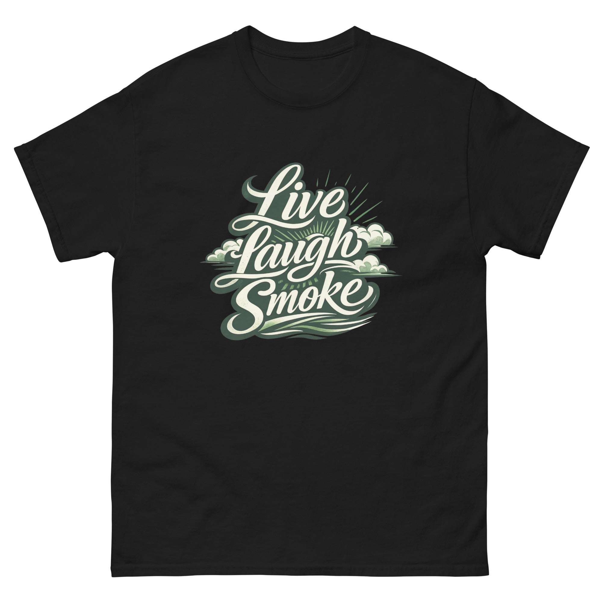 Live, Laugh, Smoke cannabis-inspired graphic tee featuring bold 420 streetwear design