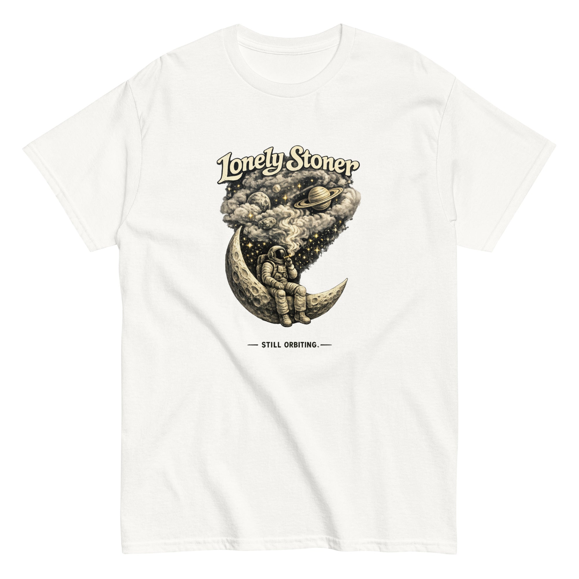 Lonely Stoner astronaut graphic tee featuring a cannabis-inspired moon and 420 streetwear artwork