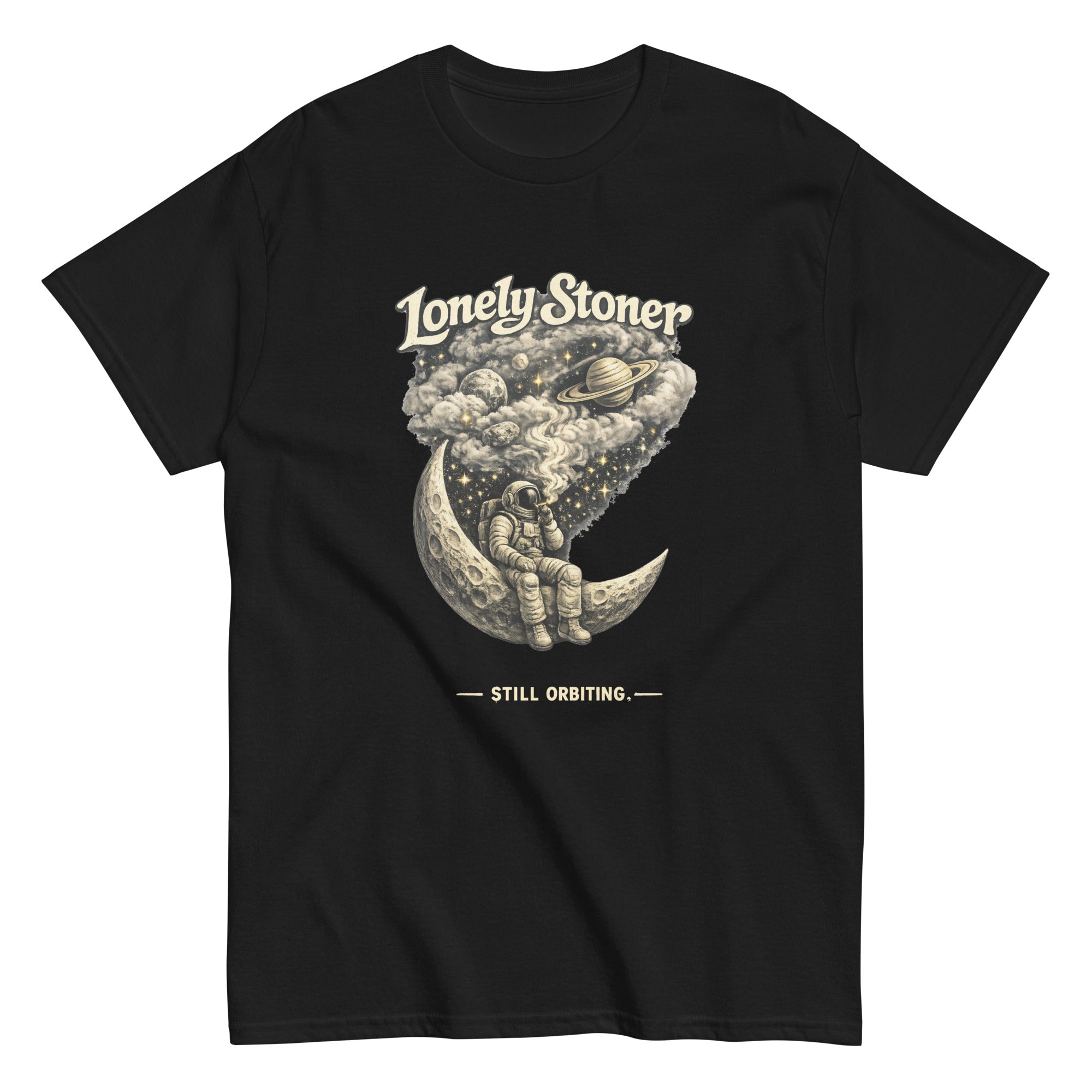  Lonely Stoner astronaut graphic tee featuring a cannabis-inspired moon and 420 streetwear artwork