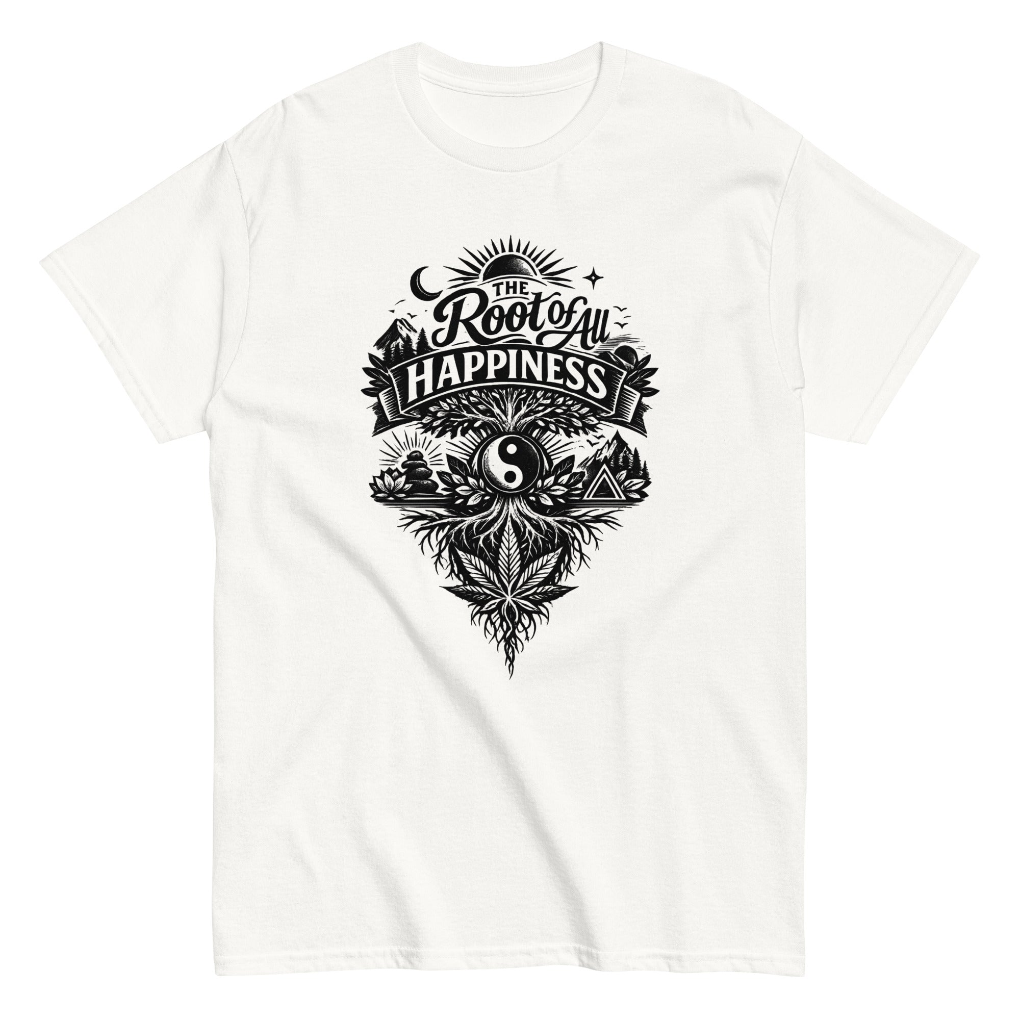 Root of All Happiness cannabis-inspired graphic tee featuring bold 420 streetwear artwork