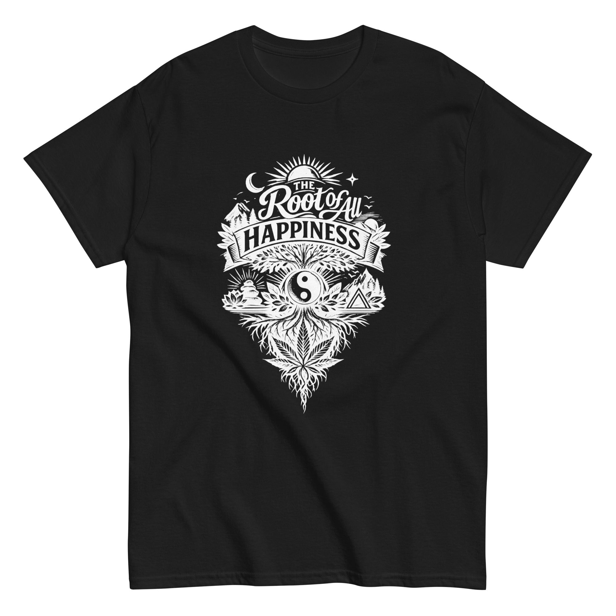 Root of All Happiness cannabis-inspired graphic tee featuring bold 420 streetwear artwork
