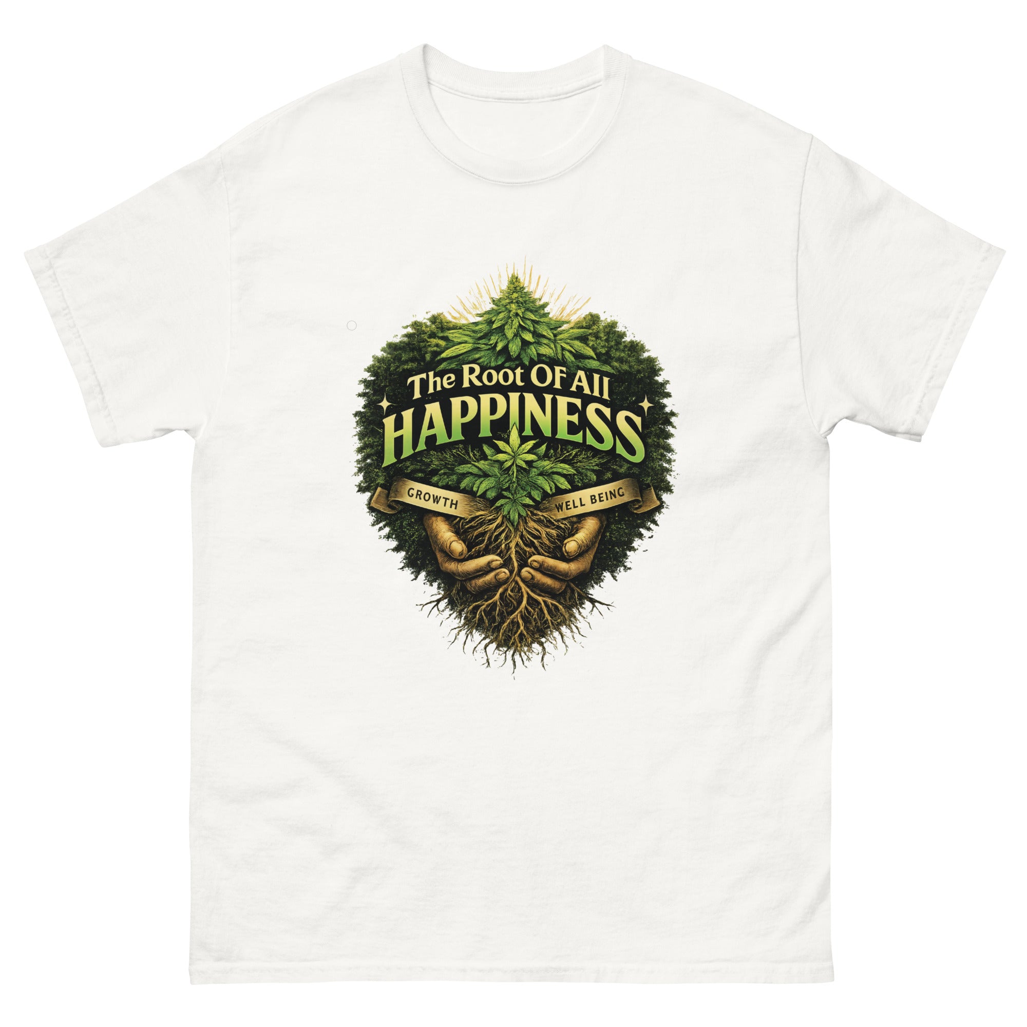 Root of All Happiness cannabis-inspired graphic tee featuring bold 420 streetwear artwork