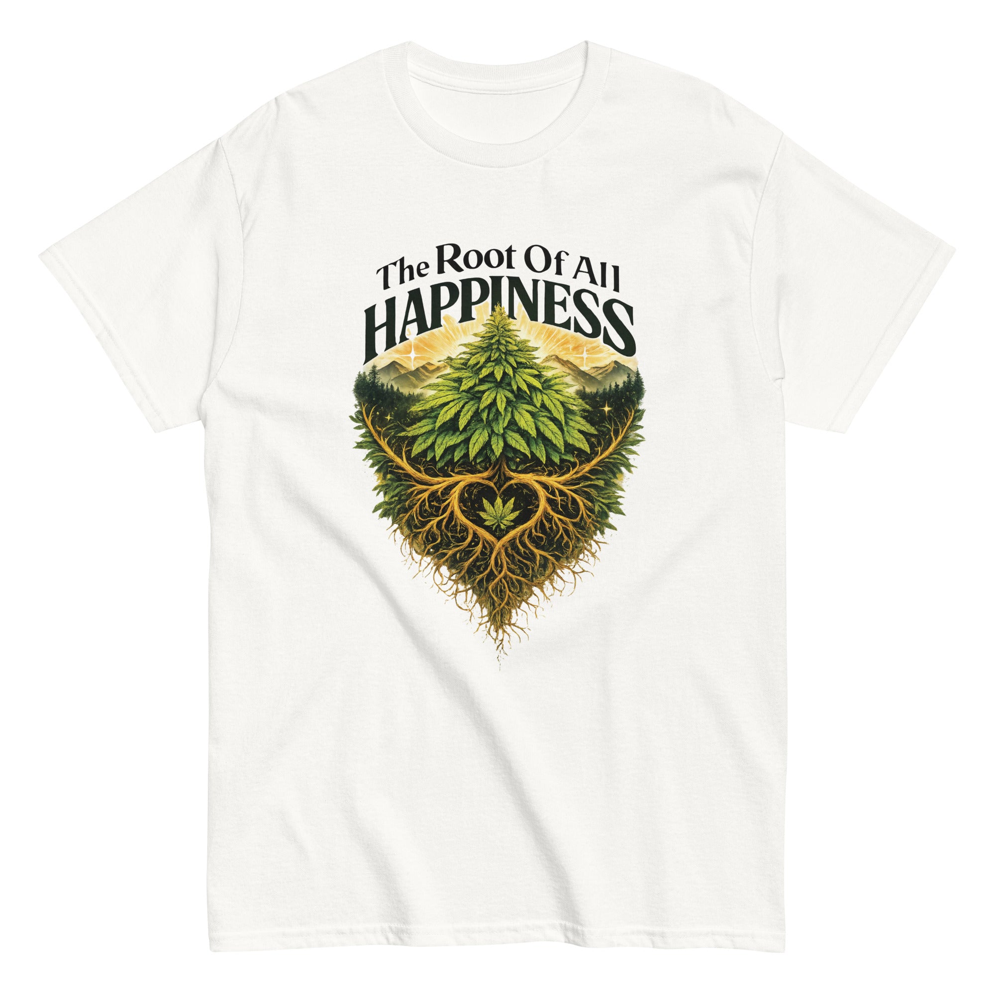 Root of All Happiness cannabis-inspired graphic tee featuring bold 420 streetwear artwork
