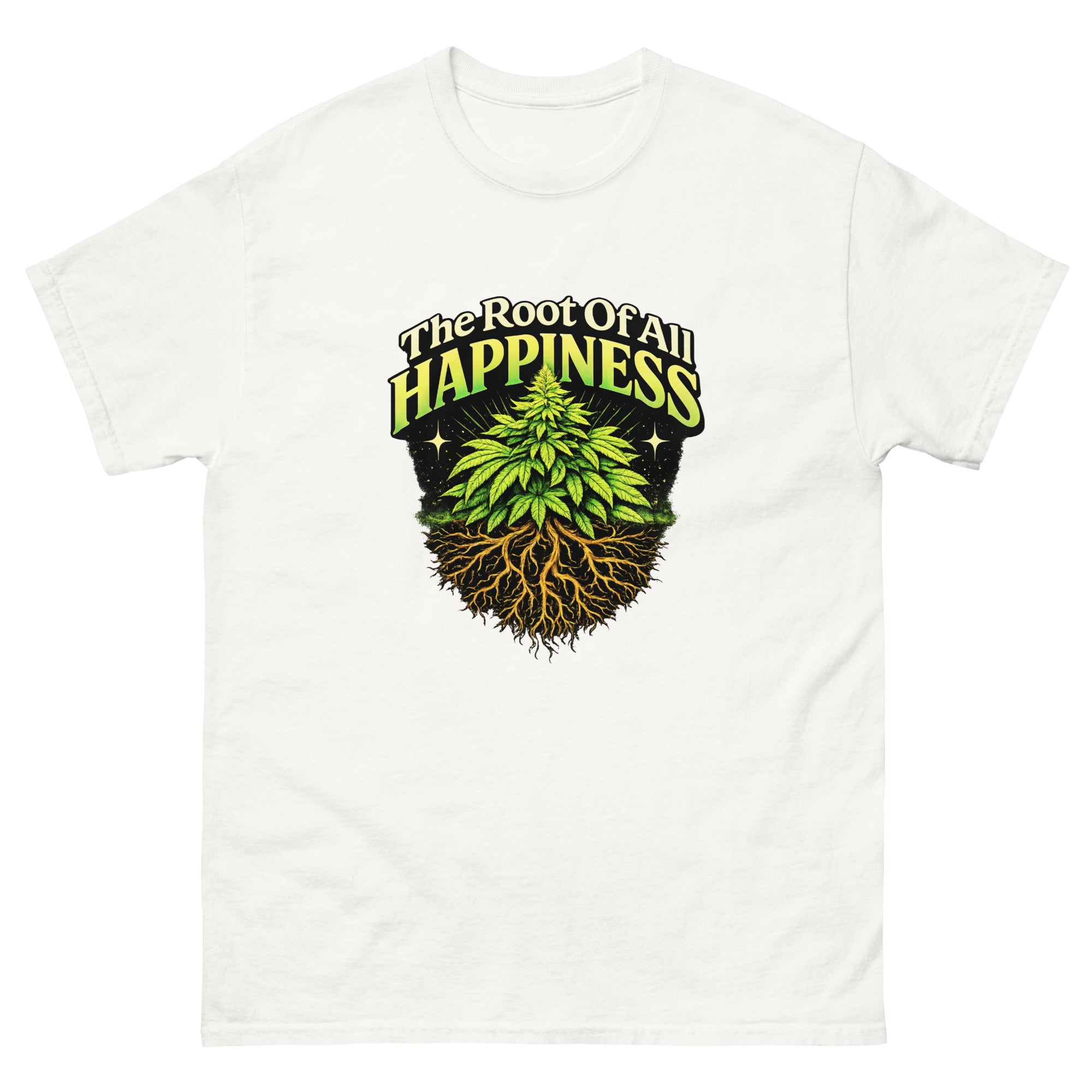 Root of All Happiness cannabis-inspired graphic tee featuring bold 420 streetwear artwork