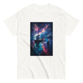 Astronaut paddling a boat through a space lake beside a shark in cannabis-inspired streetwear artwork